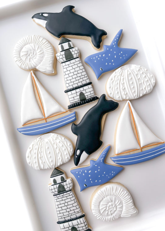 whale watching whale sand dollar sailboat, lighthouse, sand dollar, conch shell, under the sea cookies
