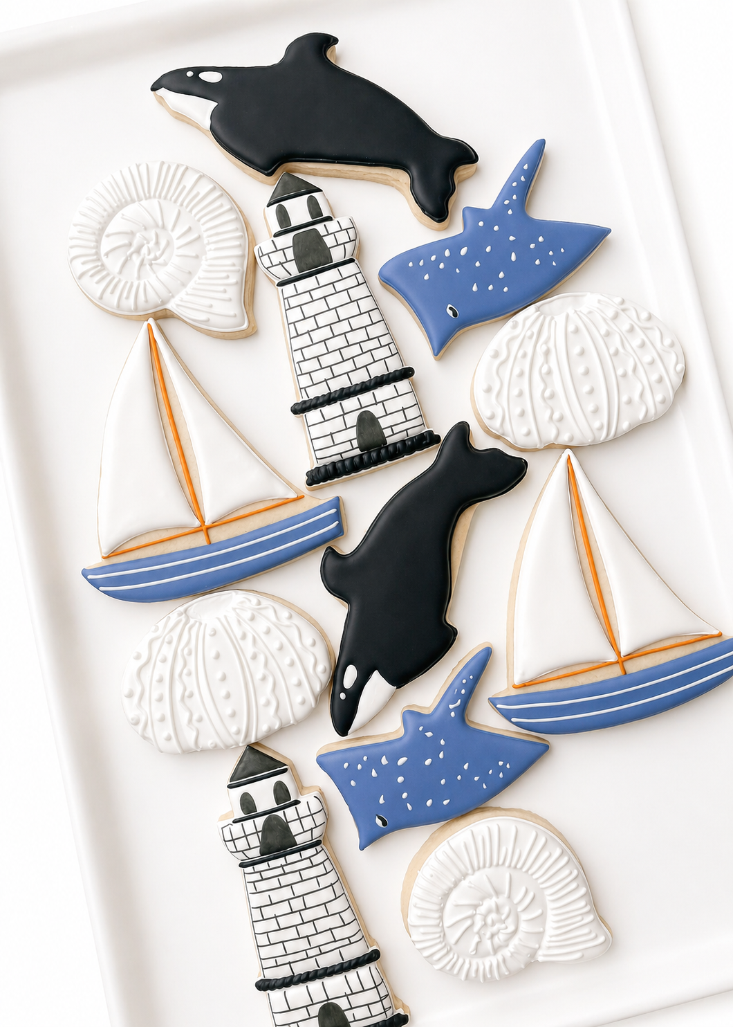 whale watching whale sand dollar sailboat, lighthouse, sand dollar, conch shell, under the sea cookies