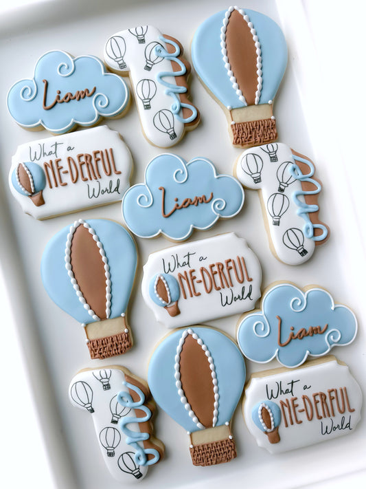 what a onederful world first birthday hot air balloon cloud cookies