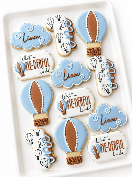What a One-derful World First Birthday cookies hot air balloon cloud one