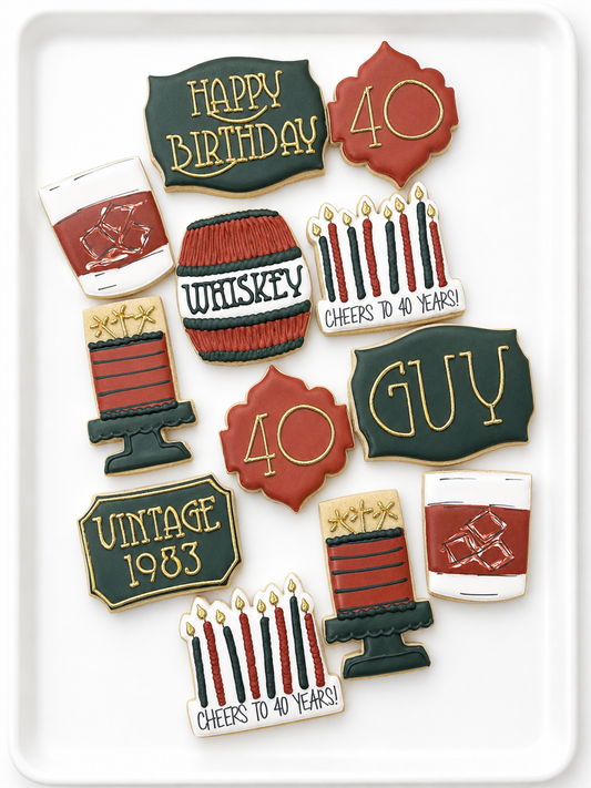 whiskey barrel, whiskey on the rocks, birthday candle, balloon, 50th birthday, birthday present, birthday cake cookies, 40th birthday cookies, over the hill cookies