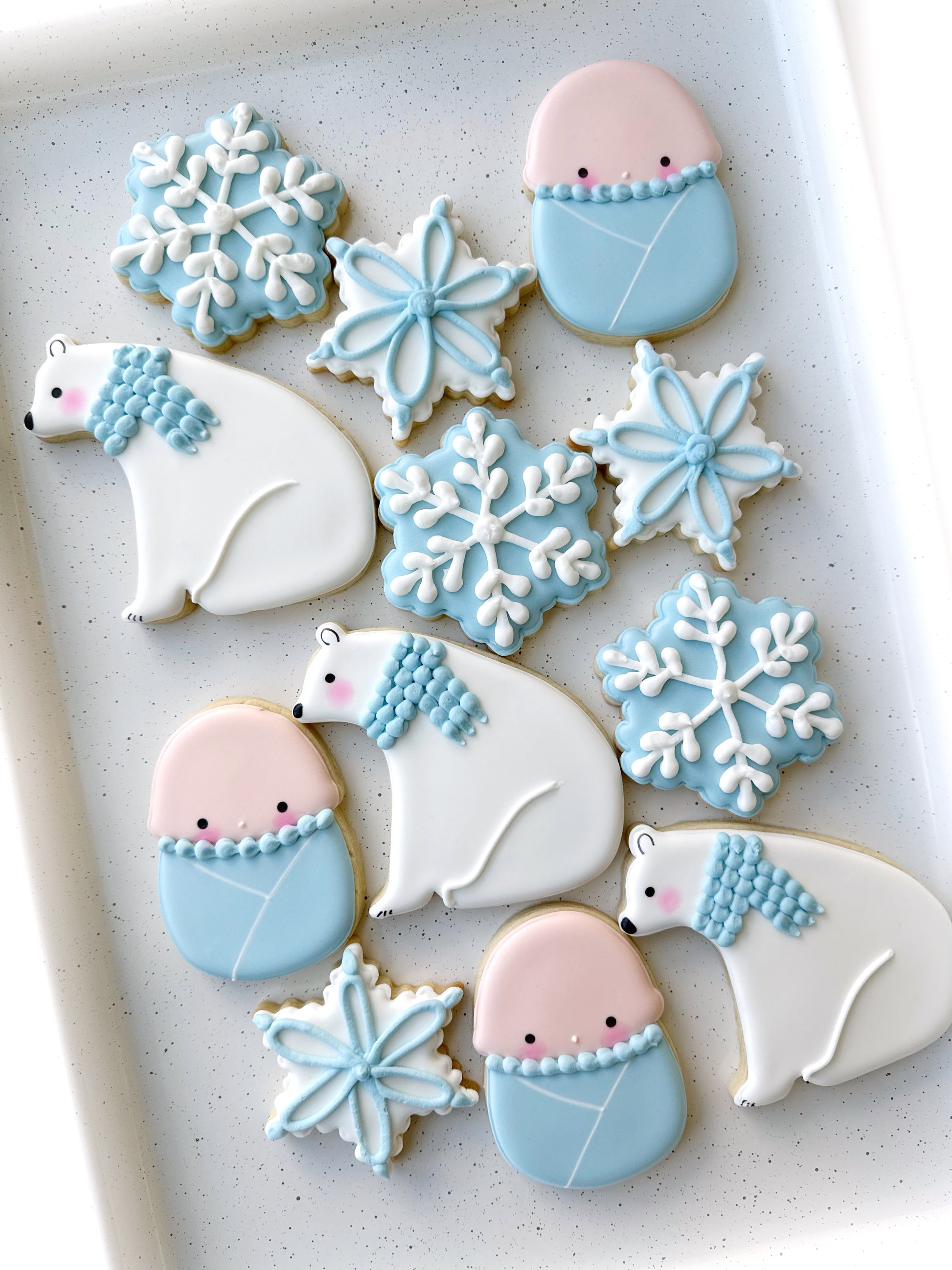 winter wonderland baby shower cookies swaddled baby snowflake polar bear decorated winter baby shower cookies