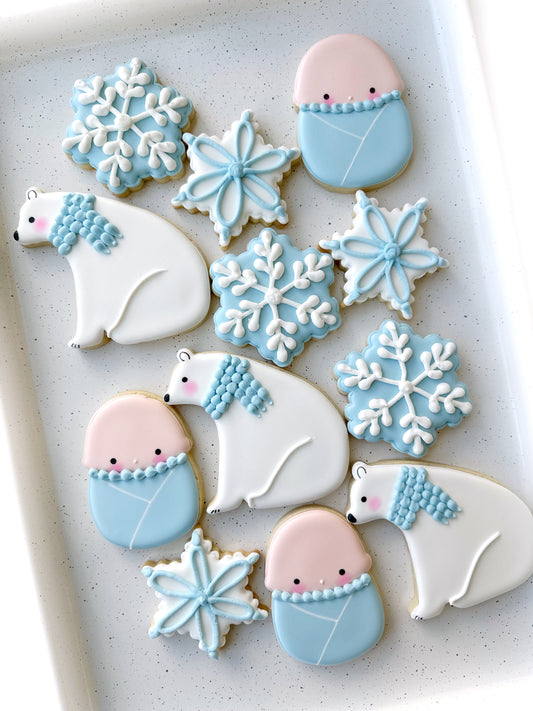 winter wonderland baby shower cookies swaddled baby snowflake polar bear decorated winter baby shower cookies