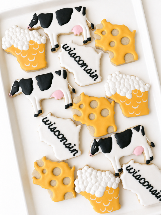wisconsin love cheddar cheese, beer, cow, wisconsin birthday cookies, wisconsin farm cookies, i love wisconsin cookies
