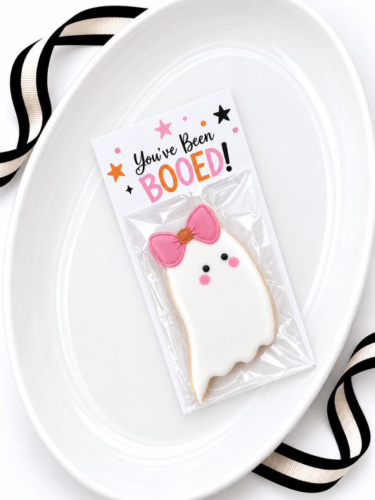 cute ghost with bow you've been booed halloween cookie