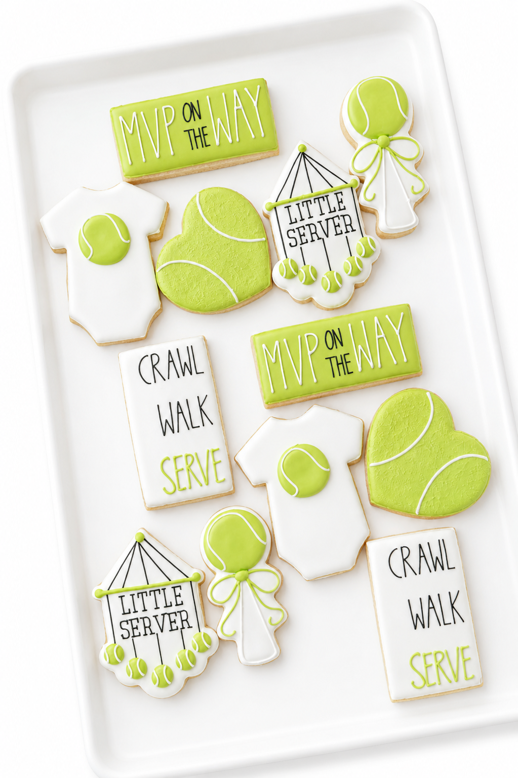 tennis ball, onesie, little server, crib mobile, rattle, mvp, tennis baby shower cookies