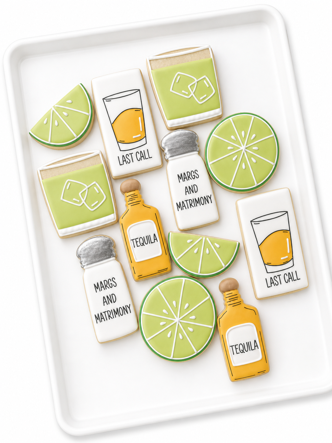 tequila, margarita, lime wedges, tequila shots, tequila birthday, birthday cookies margs and matrimony bridal wedding shower cookies