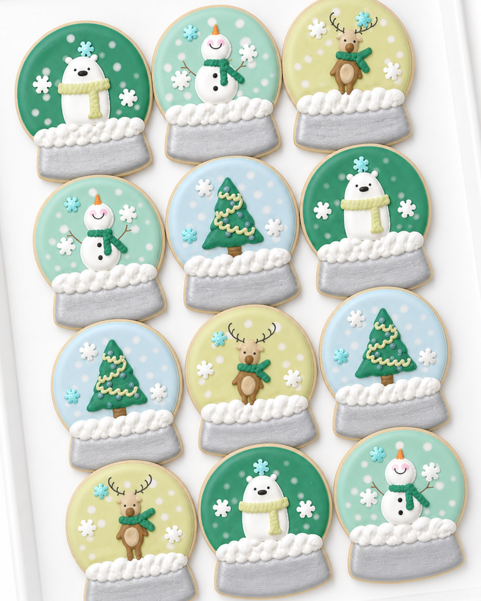 snowglobes, polar bear, reindeer, snowman, christmas tree decorated christmas party cookies SECRET SANTA GIFTS