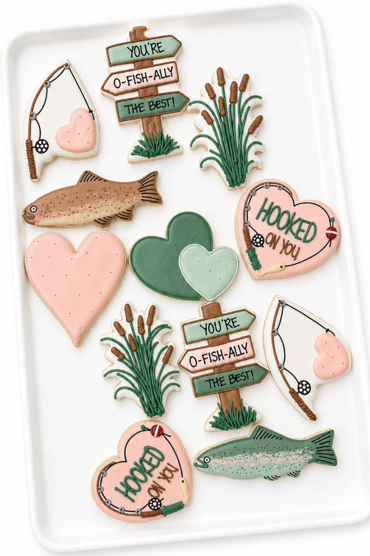 hooked on you, pink heart, rainbow trout, brown trout, I ofishally love you, hearts, bull rush, and fishing fly valentines cookies