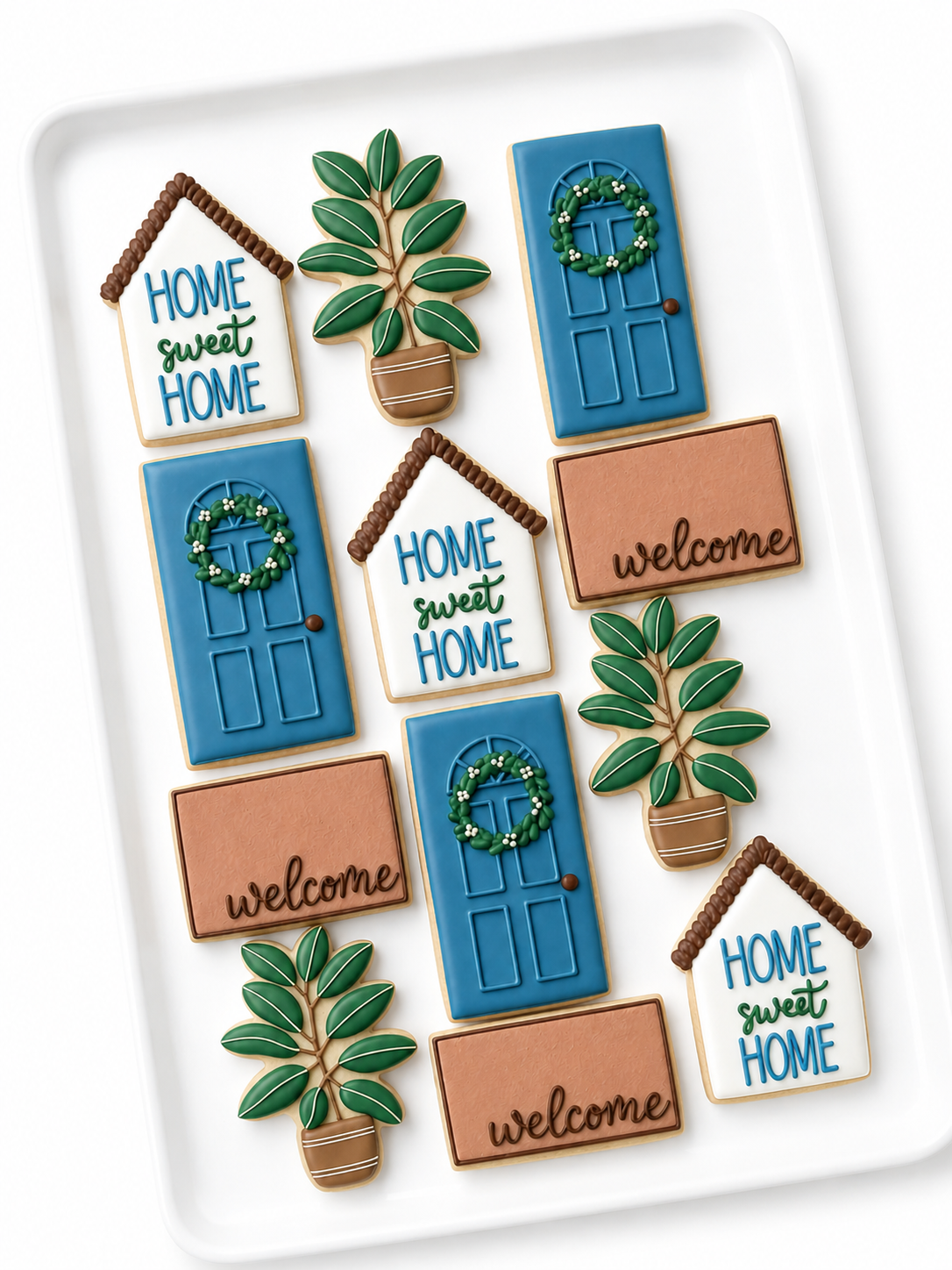 home sweet home house, plant, flowering plant, house key, welcome door mat, plant, new home cookie gifts, real estate decorated cookies