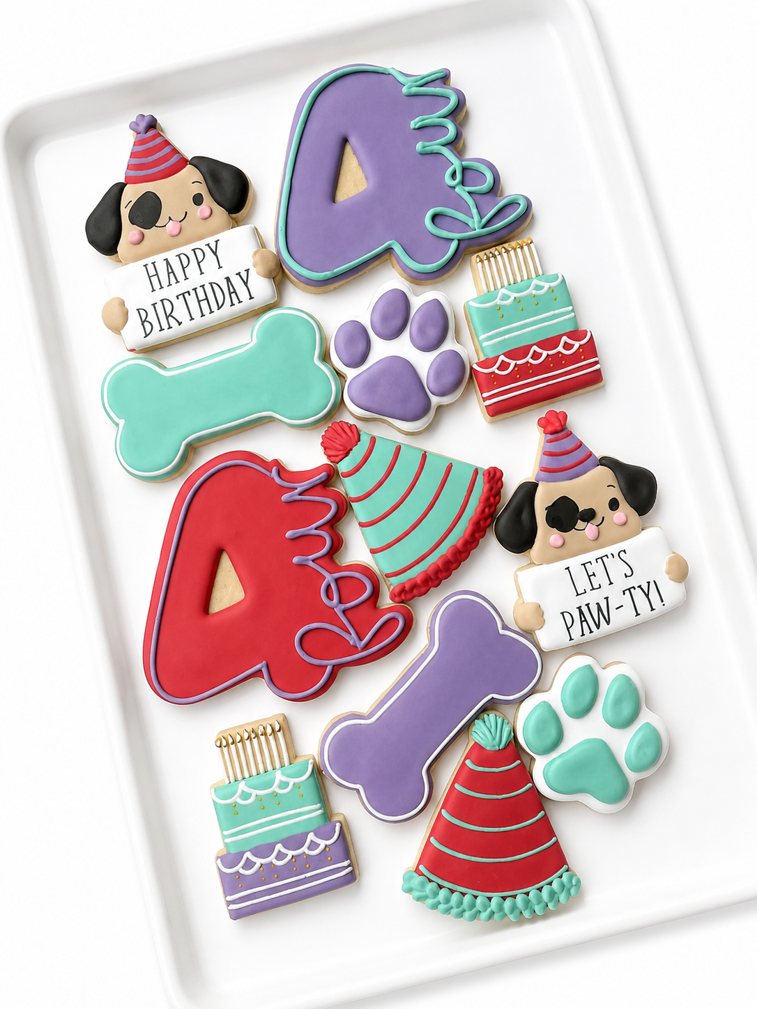 happy birthday pawty, cats, birthday cake,  and puppies birthday decorated cookies