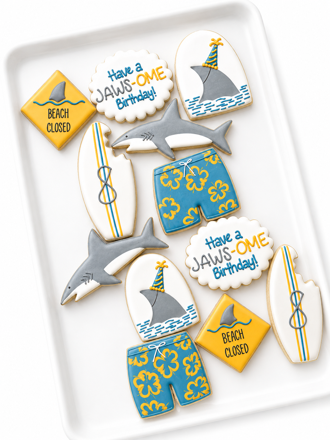 beach closed, shark, surfboard, surf shorts, shark with birthday hat, shark birthday cookies