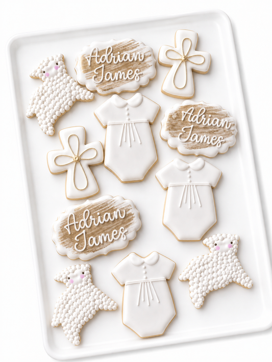 baptism day, cross, lamb, baptism gown, gold baptism cookies, god bless cookies