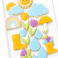 rainy day rainboots, raincoat, raindrop, umbrella, sun behind cloud, rainbow, after the rain comes sunshine, get well, feel better, sympathy cookies, april showers brings may flowers spring garden tulips rainbow sun decorated cookies
