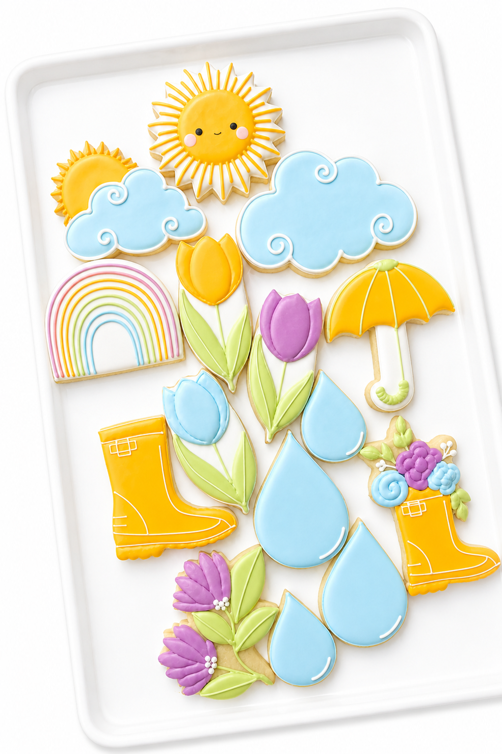rainy day rainboots, raincoat, raindrop, umbrella, sun behind cloud, rainbow, after the rain comes sunshine, get well, feel better, sympathy cookies, april showers brings may flowers spring garden tulips rainbow sun decorated cookies