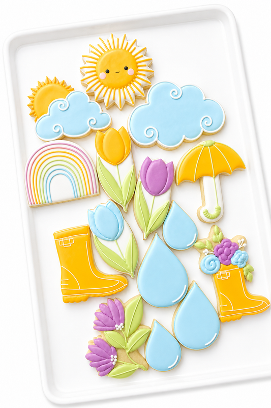 rainy day rainboots, raincoat, raindrop, umbrella, sun behind cloud, rainbow, after the rain comes sunshine, get well, feel better, sympathy cookies, april showers brings may flowers spring garden tulips rainbow sun decorated cookies
