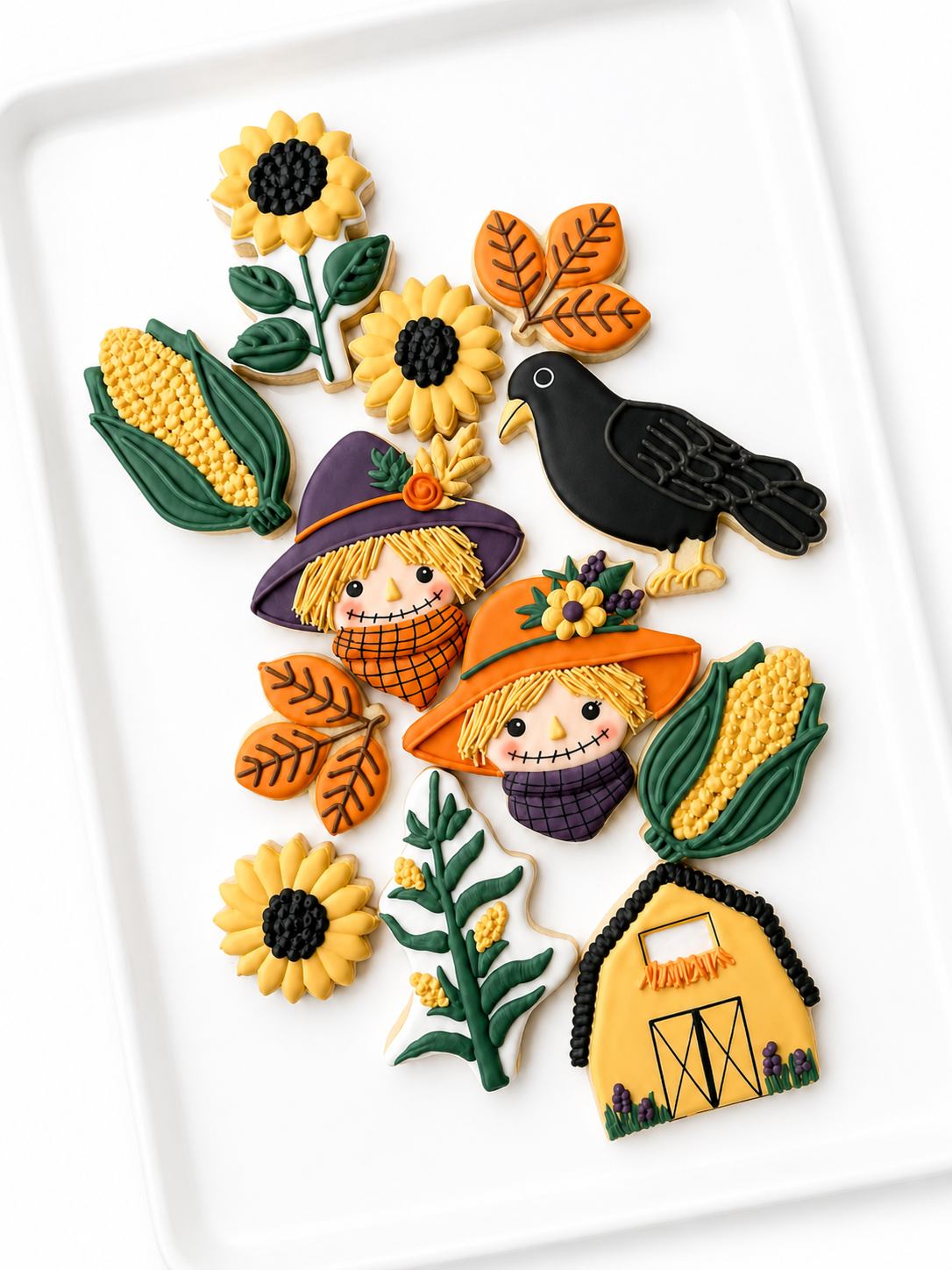 scarecrow scarecrow woman crow cornstalk ear of corn on the cob crow sunflower leaf cookies decorated cookies fall thanksgiving sugar decorated cookies