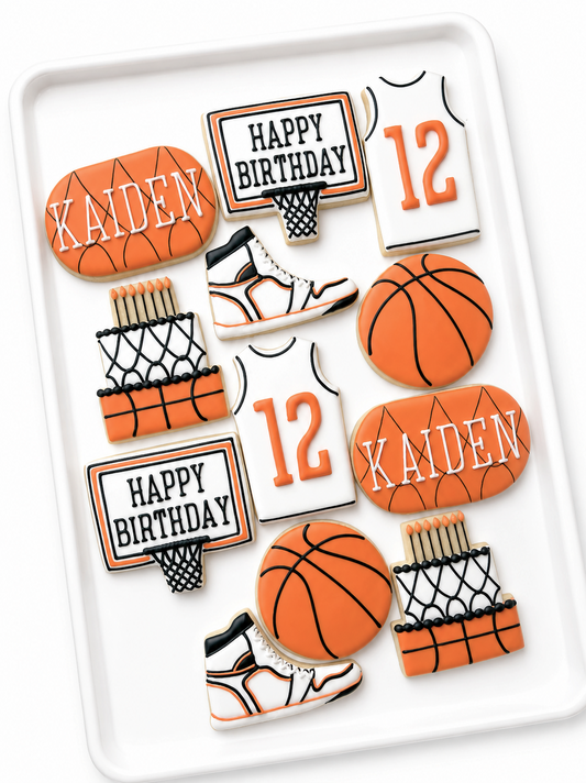 basketball, basketball jersey, basketball hoop, basketball cake, basketball high top sneaker and happy birthday basketball cookies