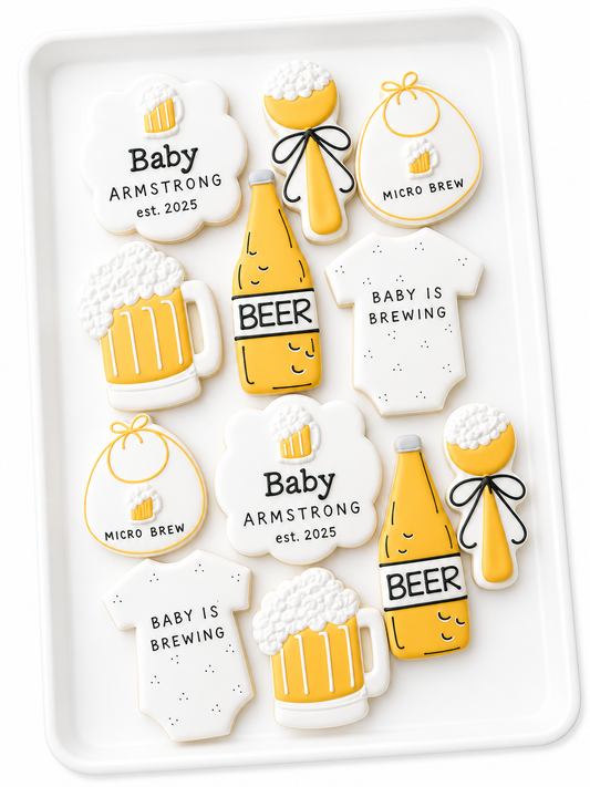 baby is brewing, micro brew, beer, baby rattle, bib, onesie, baby shower cookies