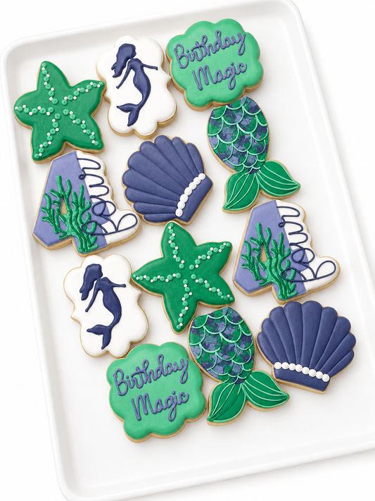 mermaid birthday magic, seahorse, seaweeds, coral reef, starfish, mermaid cookies, under the sea, conch shell, sand dollar, kids birthday cookies