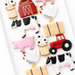 pig, rooster, cow, barn, milk jug with flowers, farm animal birthday, on the farm birthday cookies, farm girl gifts, baby shower cookies, birthday cookies