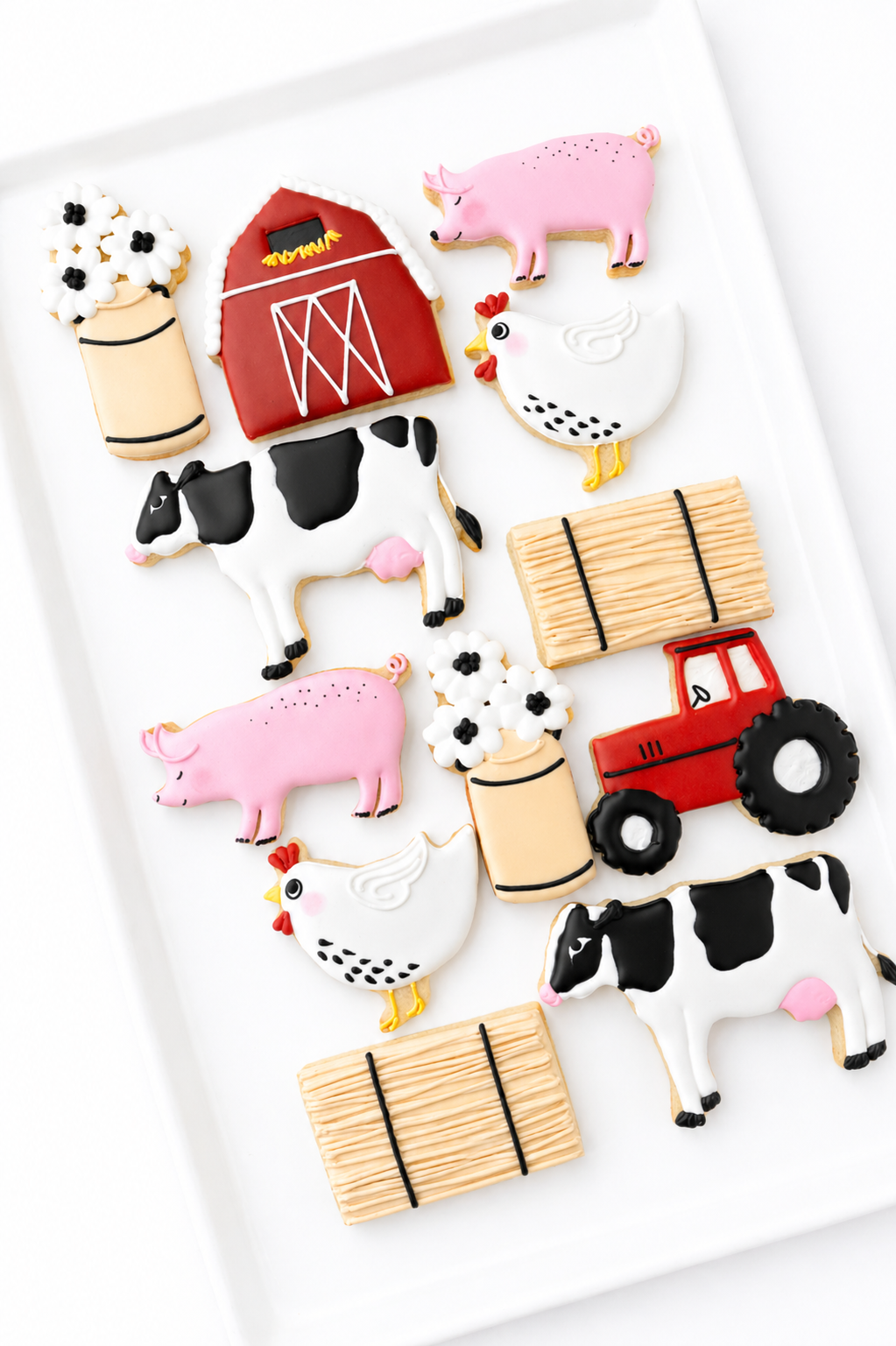 pig, rooster, cow, barn, milk jug with flowers, farm animal birthday, on the farm birthday cookies, farm girl gifts, baby shower cookies, birthday cookies