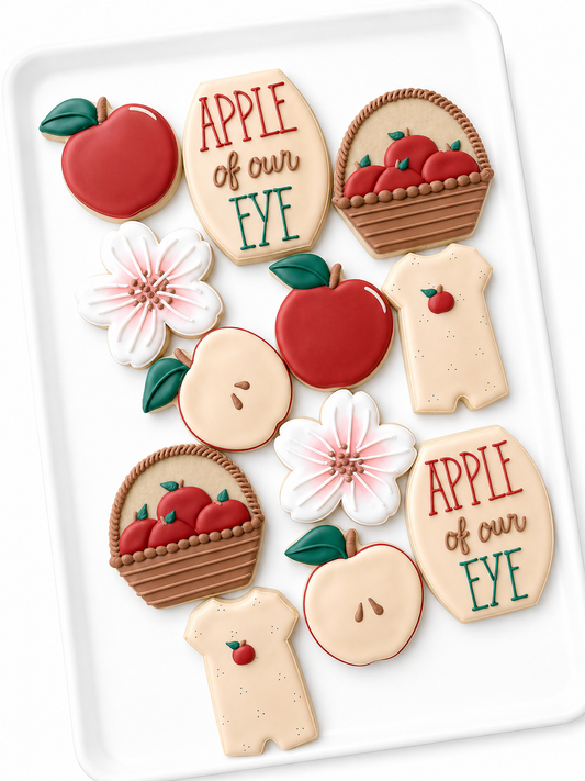 apple of our eye baby shower cookies, apple cookies, apple blossom flower cookies, apple basket, apple romper