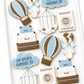 greatest adventure yet baby shower cookies Hot air balloon, cloud, adventure awaits, luggage, compass, passport, air mail envelope, bon voyage with plane, and earth decorated cookies