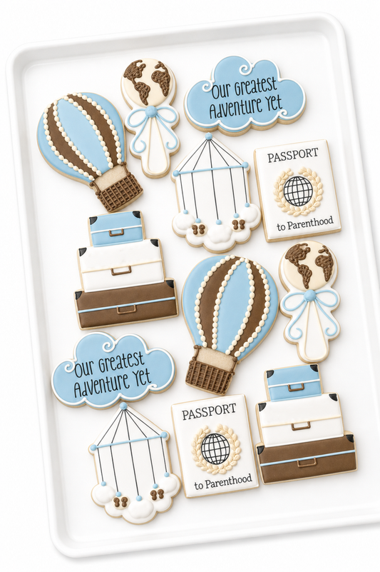 greatest adventure yet baby shower cookies Hot air balloon, cloud, adventure awaits, luggage, compass, passport, air mail envelope, bon voyage with plane, and earth decorated cookies