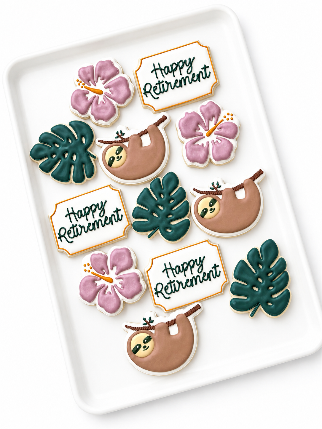 Sloth, time to relax, pink heart, and tropical green leaf, retirement, happy retirement cookies