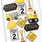 construction trucks, speed limit 4, construction zone, construction cone with balloon, cement mixer, excavator, caution 4 year old ahead